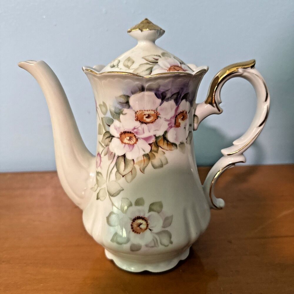 Vtg Lefton Heritage Magnolia Cream Floral Coffee Pot Handpainted #KF2518